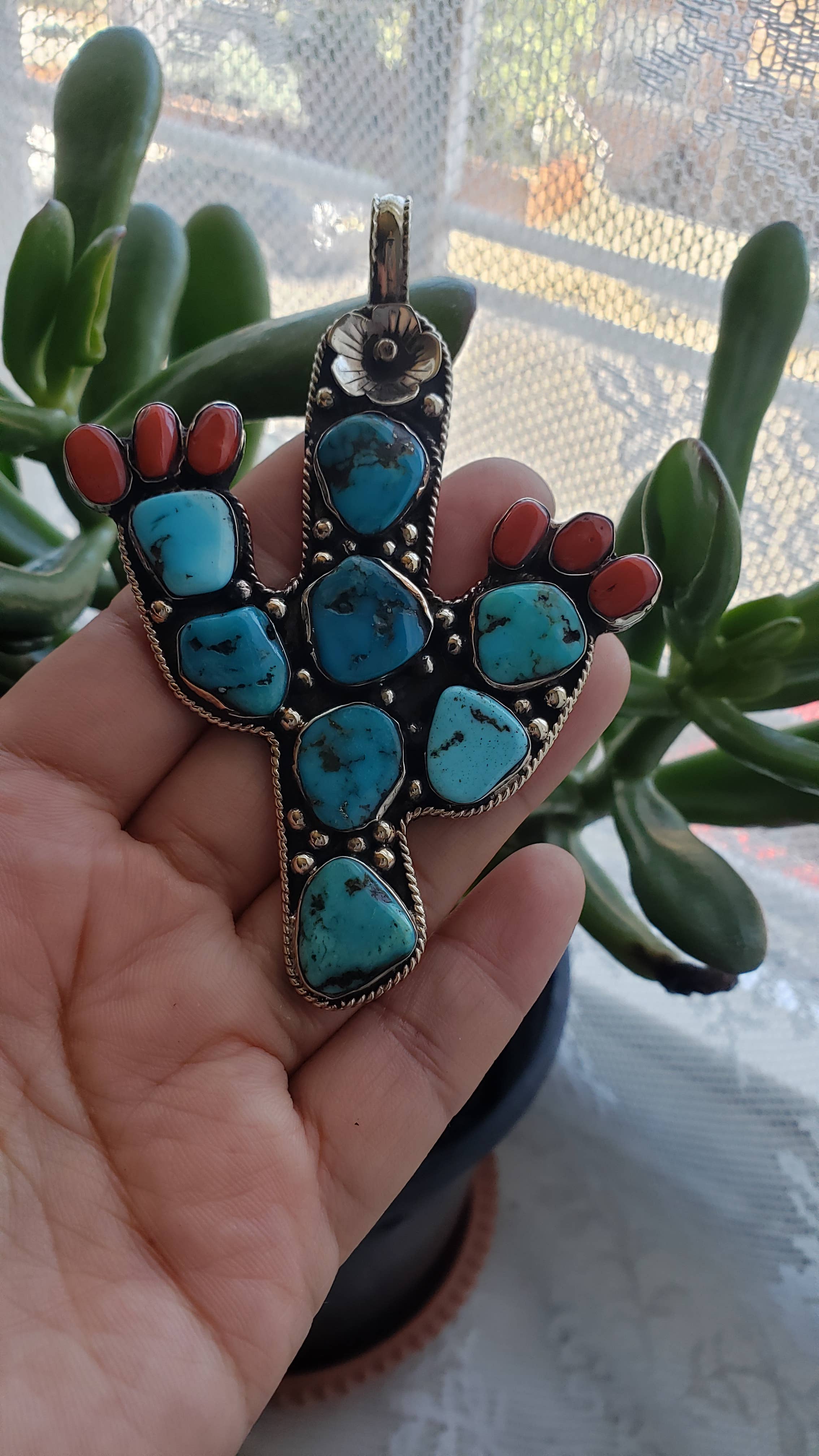 GTG Gems Corp - Wholesale Individual Charm/Pendant - Hand carved cactus pendant with natural turquoise and coral1