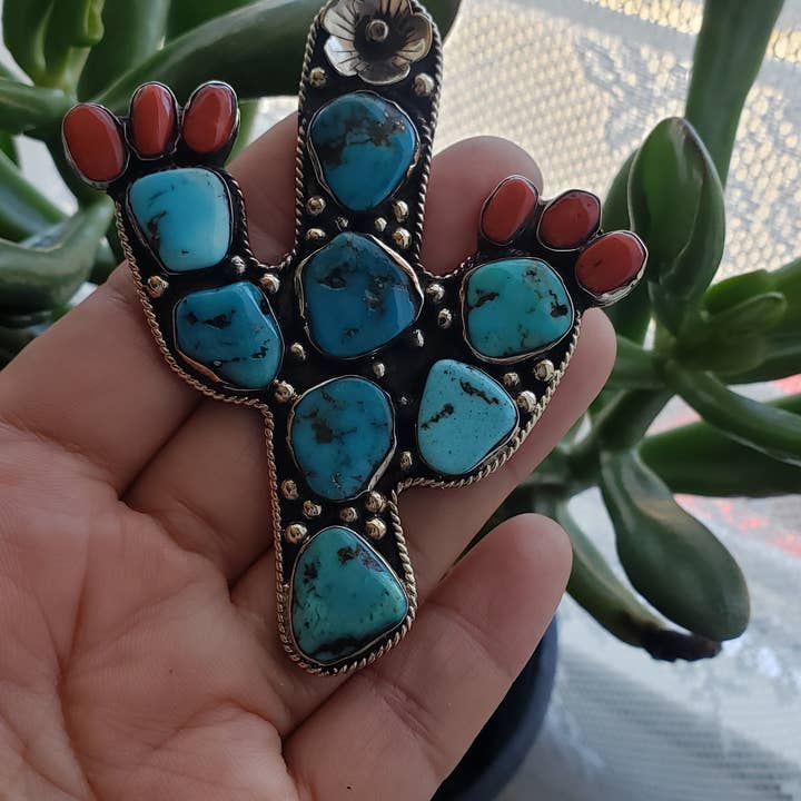 GTG Gems Corp - Wholesale Individual Charm/Pendant - Hand carved cactus pendant with natural turquoise and coral1