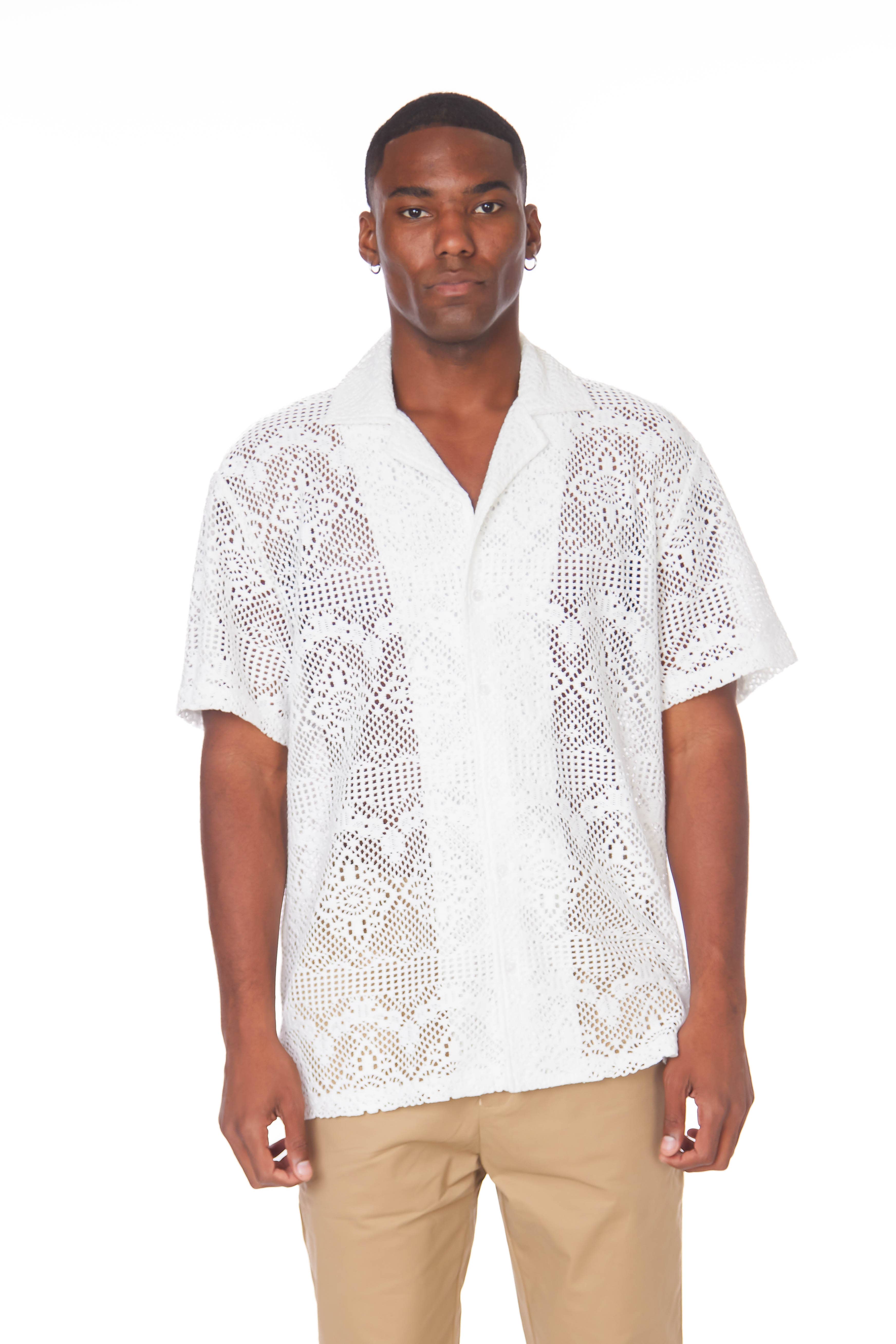 WHITE Crochet/Textured Short Sleeve Men's Shirt 4060 for wholesale on Faire