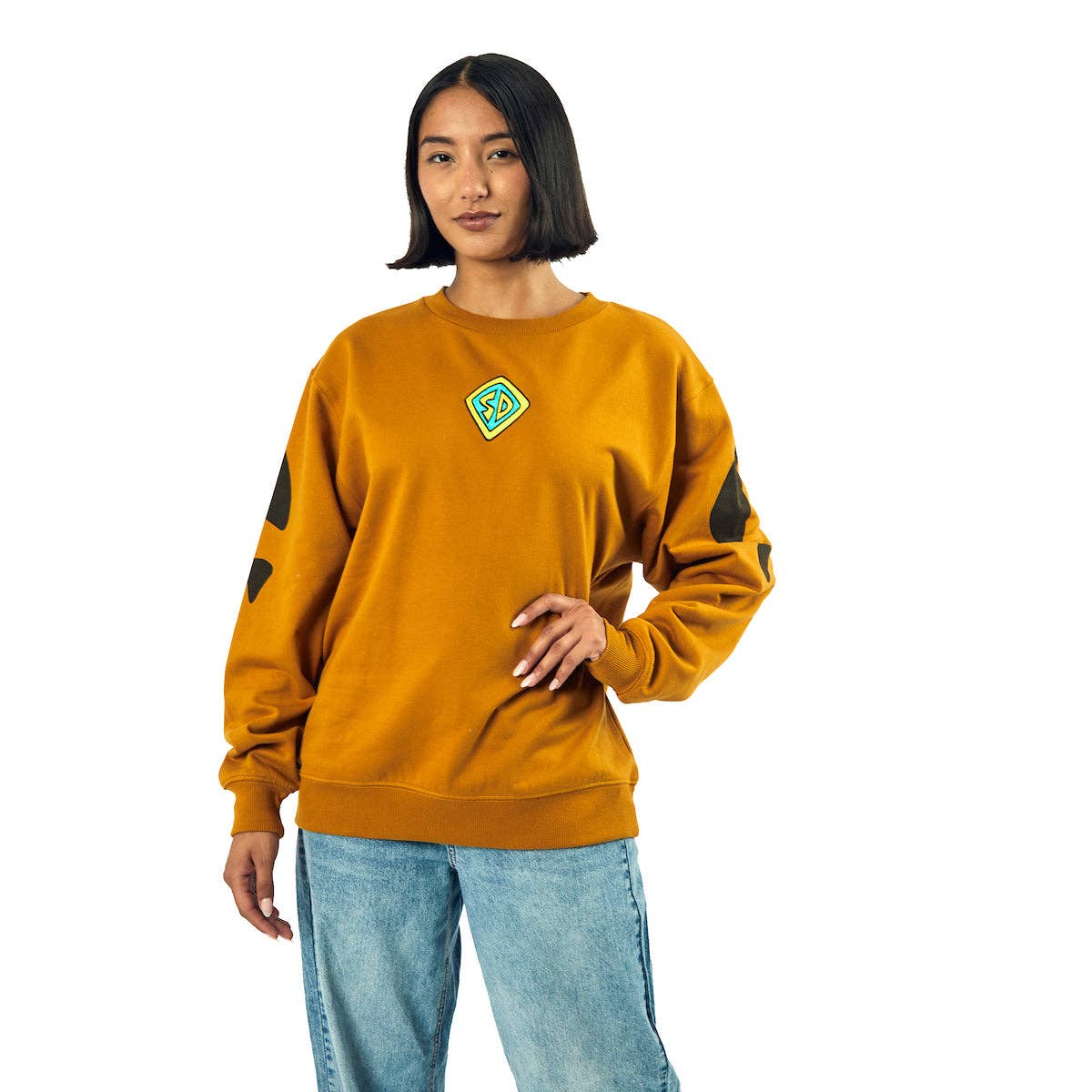 Bioworld Merchandising - Wholesale Graphic Sweatshirt - Women's - Scooby Doo Dog Tag & Spots Women's Brown Crew Neck Long Sleeve Oversized Fleece Sweatshirt1
