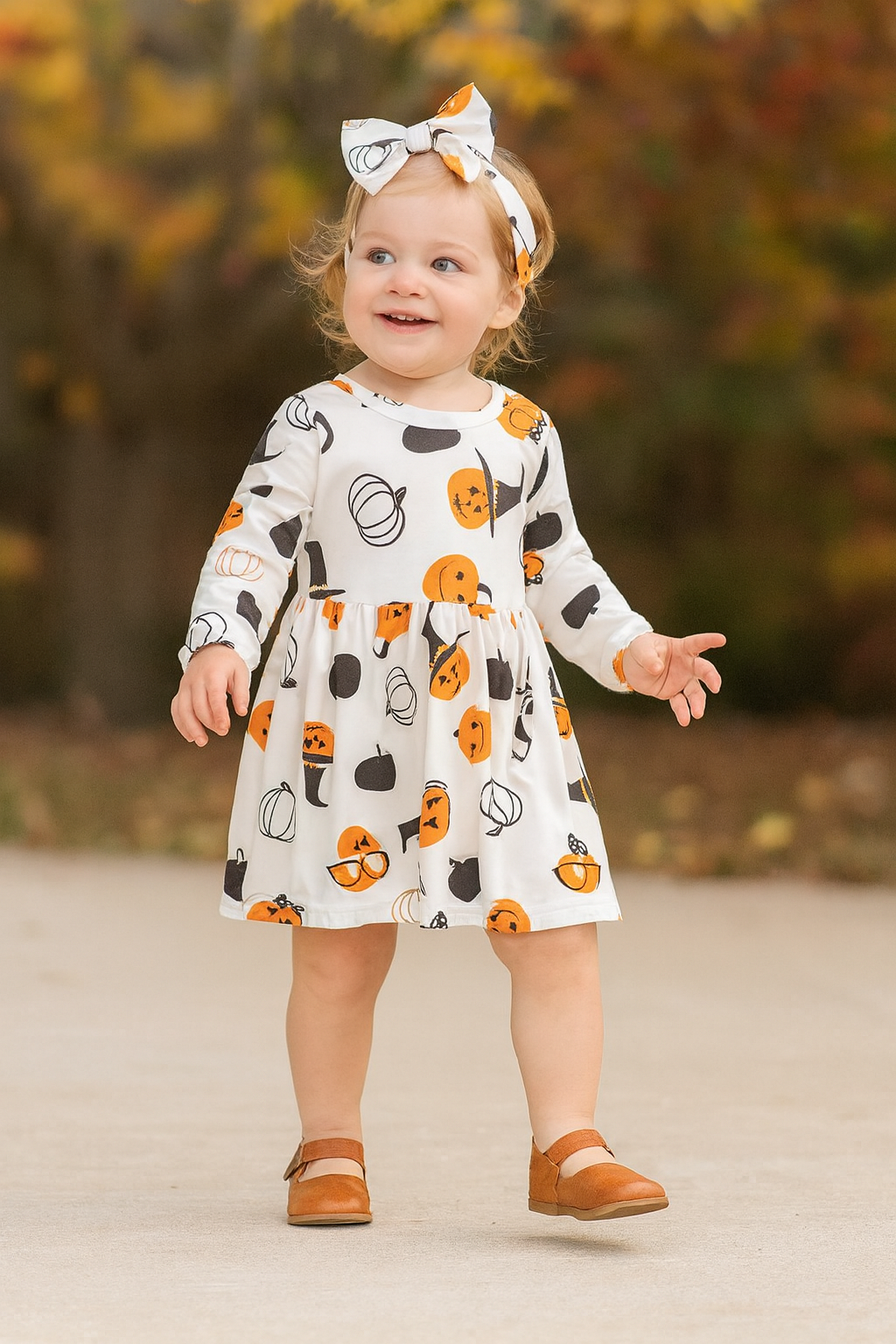 Fennco Styles - Wholesale Dress - Baby - Baby Girl Witch Pumpkin Print Cotton White Dress & Headband4