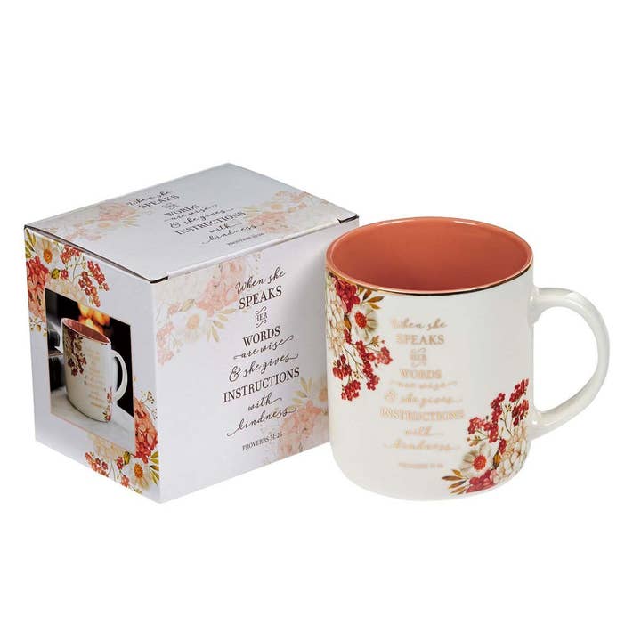 Christian Art Gifts - Wholesale Coffee Mug - Mug Coral/White Floral When She Speaks Prov. 31:261
