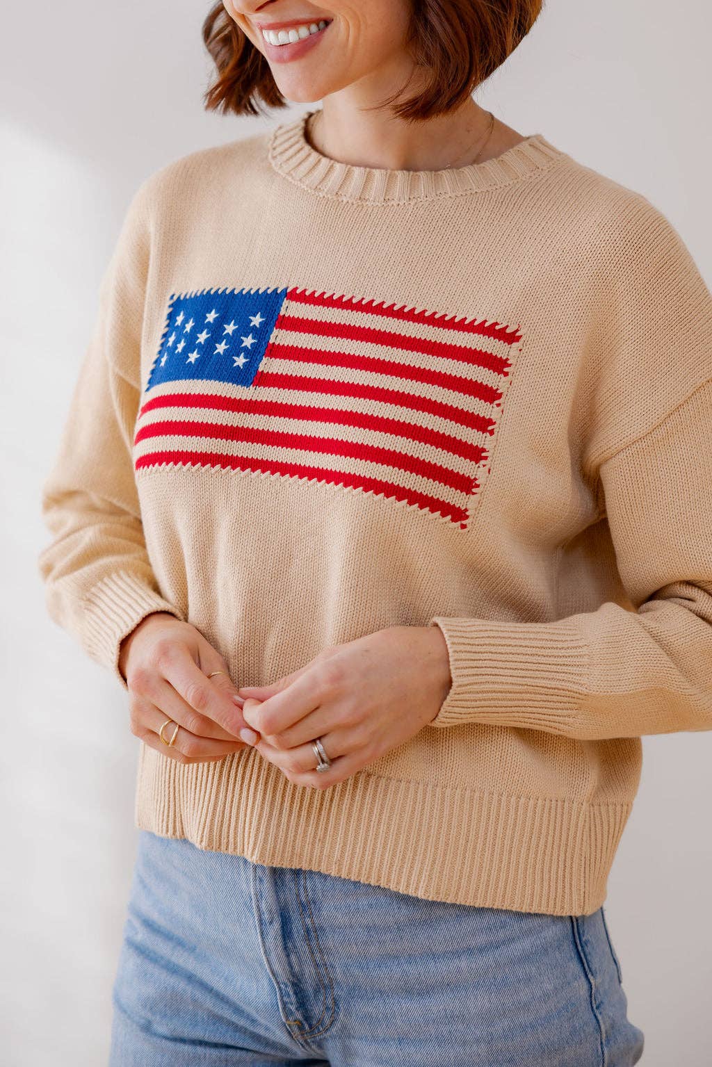 Beige Oatmeal(Beige) Whipstitch American Flag Cotton Crewneck Sweater for wholesale on Faire