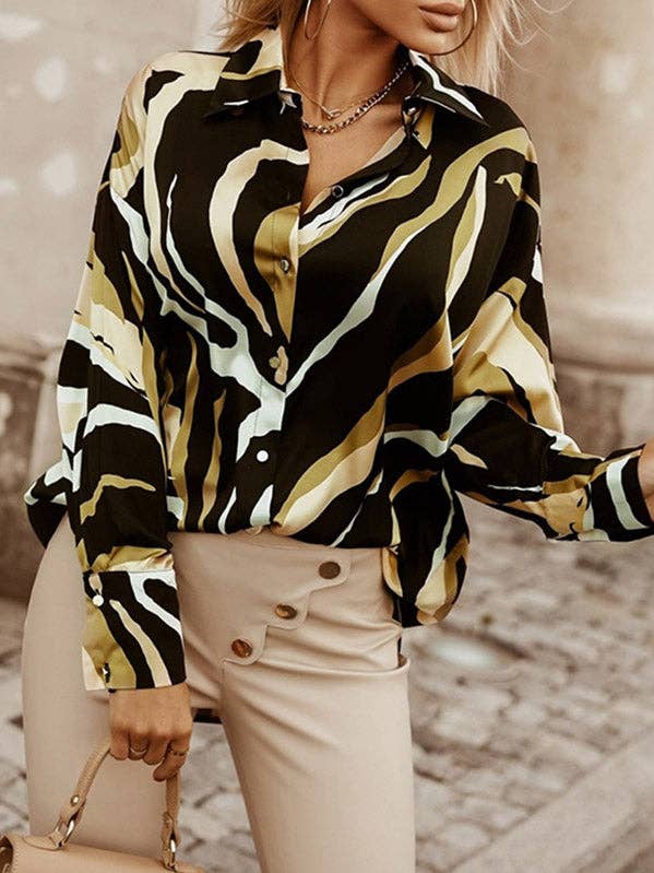 Long Sleeves Loose Buttoned Printed Lapel Blouses&Shirts Tops for wholesale by StyleGalX