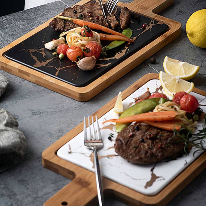SOGA International Pty Ltd - Wholesale Serving Tray - SOGA 2X 33.5cm White Square Wooden Serving Tray Slate Steak Serving Platter Chopping Board Paddle Home Decor4