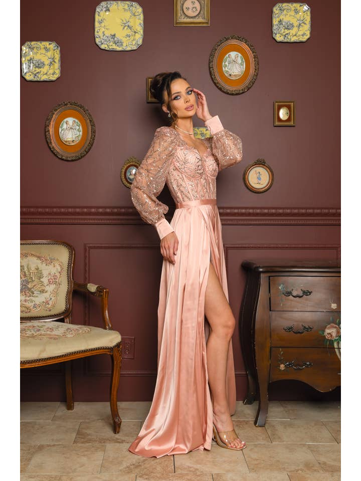 RICARICA INC. - Wholesale Gown - Women's - 2431-SOLID COLOR SATIN AND SEQUIN GLITTER MAXI DRESS7