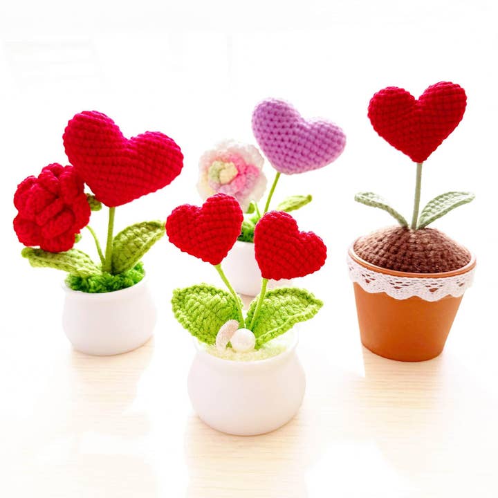 Handmade Finished Crochet Heart Flower Pot | Pink | Red | Blue | Rose | Forget me not | Decorative Plants | Girlfriend | Valentine Gift for wholesale by PinkLadyWorkshop