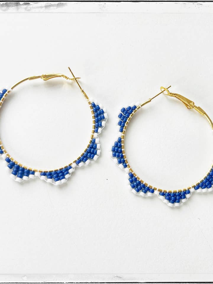 Glass Seed Bead Scalloped Hoop Circle Brass Earrings Blue for wholesale by GentrybyJenna