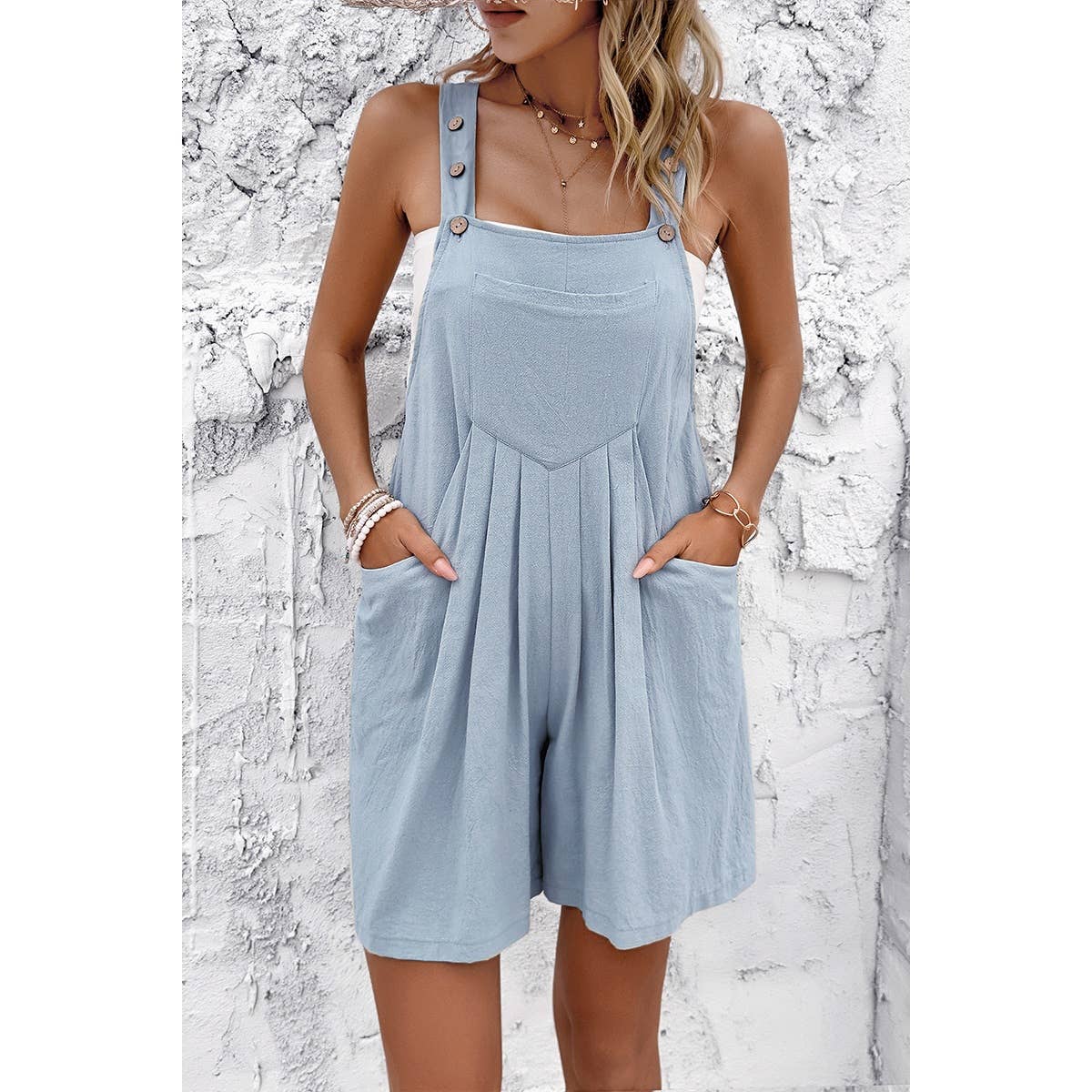 Supreme Fashion - Wholesale Romper - Women's - Square Neck Pockets Button Tirm Ruched Romper3