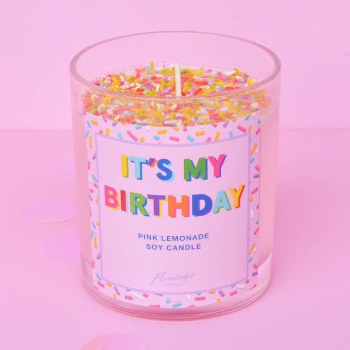 Pink Lemonade It's My Birthday Sprinkle Candle for wholesale by Flamingo Candles