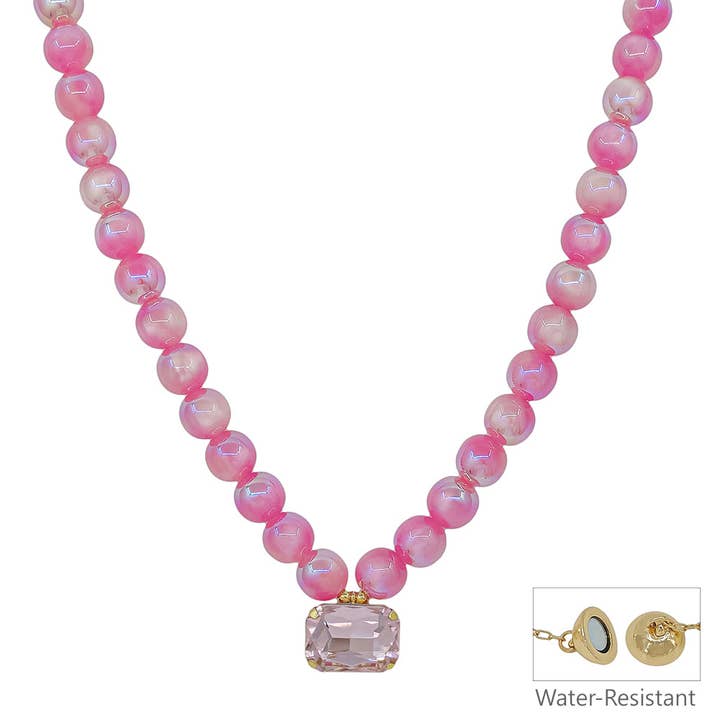 Pink Beaded Acrylic Beaded with Clear Rectangle Crystal 16"-18" Necklace for wholesale by What's Hot