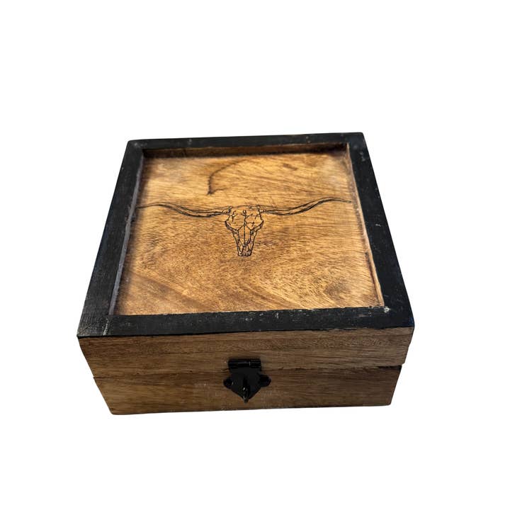 Wilco Home - Wholesale Jewellery box/organiser - Branding Iron Longhorn Skull Laser-Etched Wood Jewelry Box1