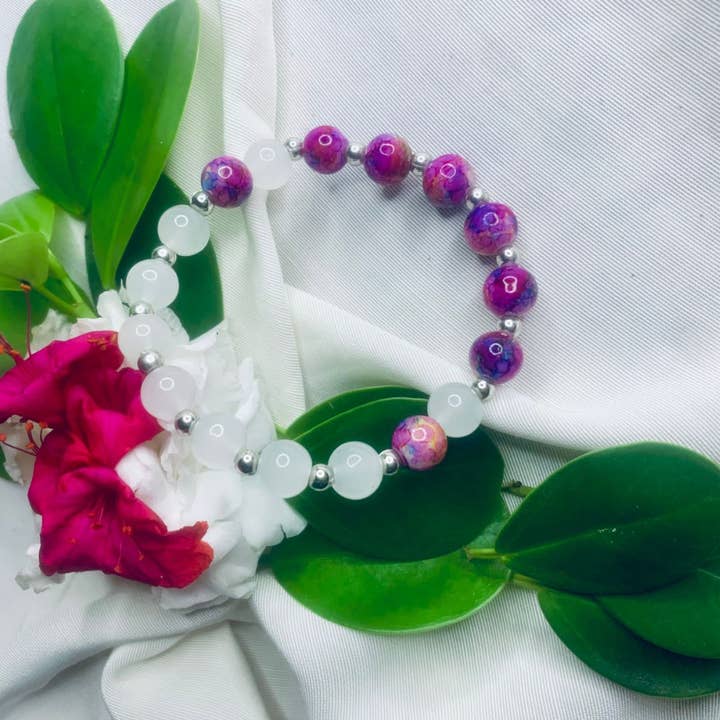 White and Purple Stone Bracelet with Silver Spacers, Stretch for wholesale by Hadi Craft