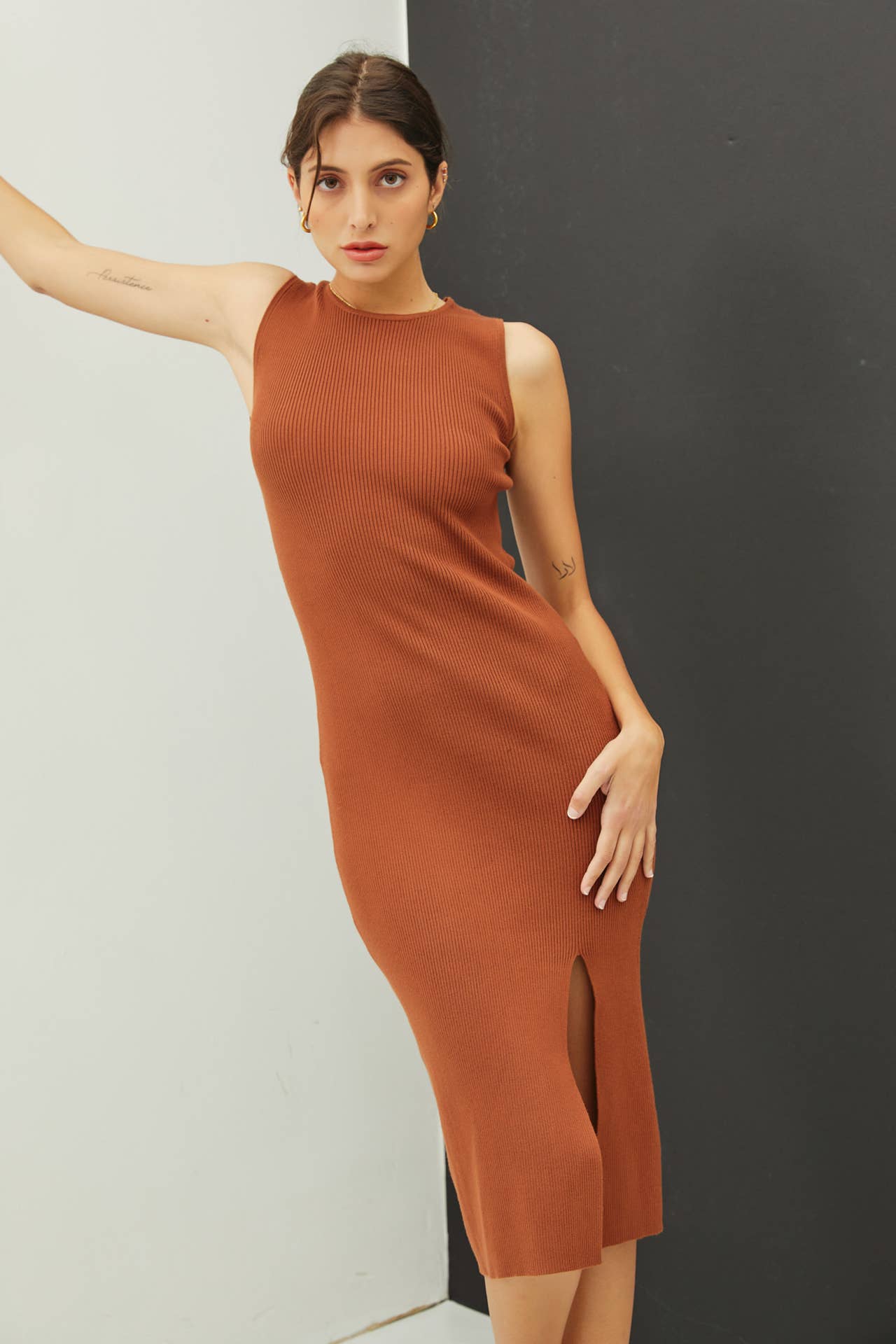 Be Cool - Wholesale Dress - Women's - LEG SLIT BODYCON RIBBED KNIT MIDI DRESS13
