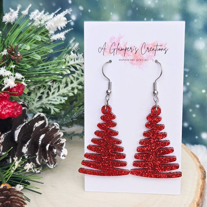 Red Glitter Christmas Ribbon Tree Acrylic Earrings for wholesale by A Glamper's Creations LLC