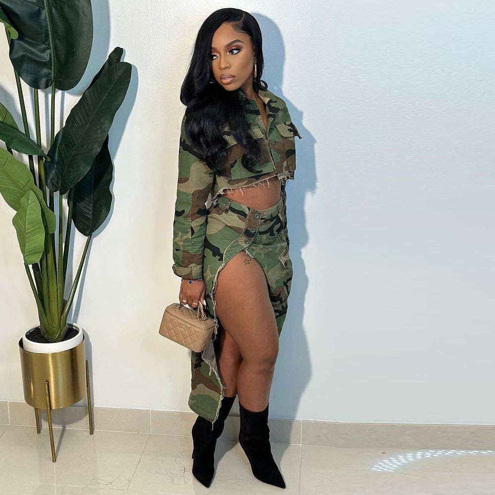 MB FASHION High-Waisted Camo Cargo Skirt with Slit 8805LY for wholesale on Faire10