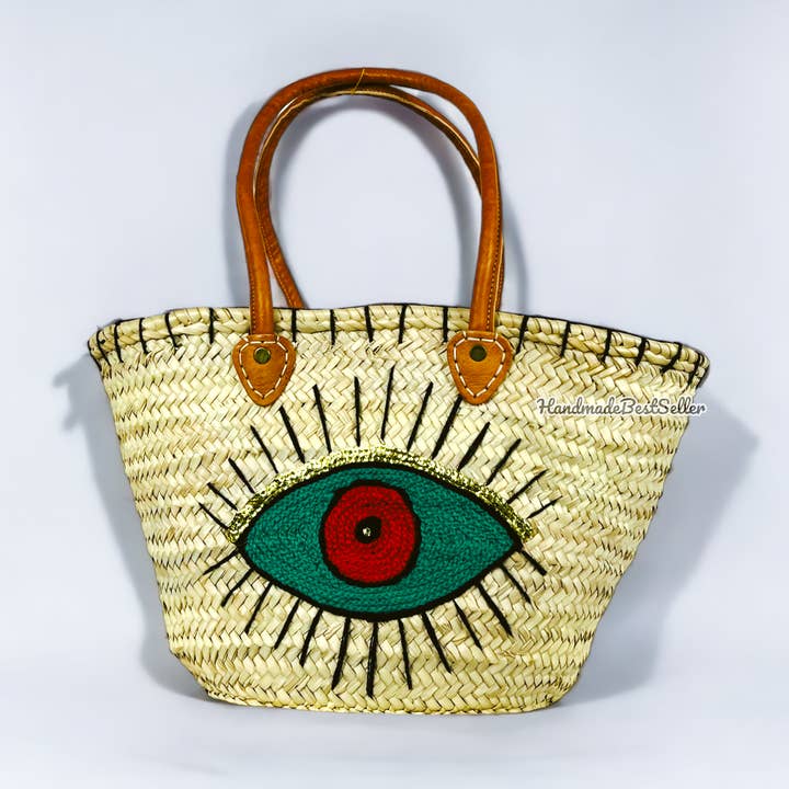 Moroccan Straw Bag with Evil Eye | French Market Basket for wholesale by HandmadeBestSeller