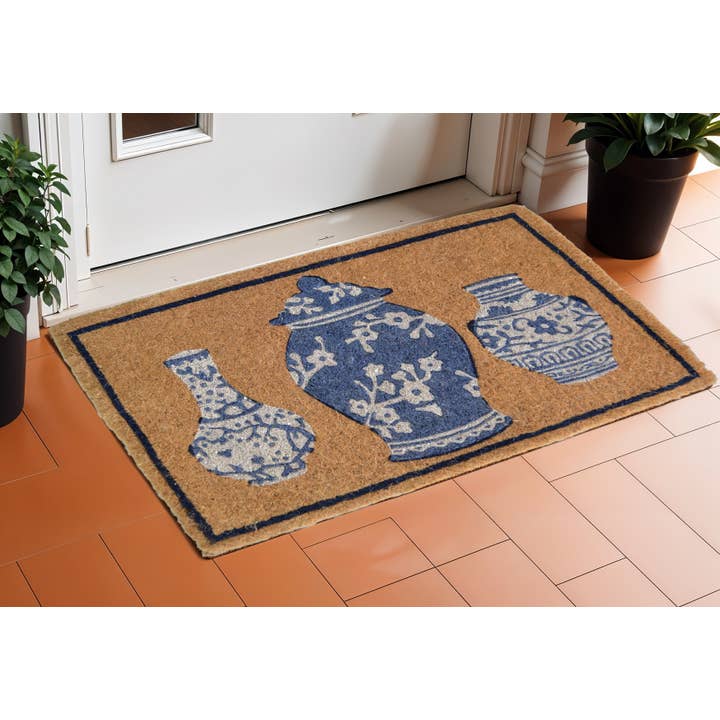 HomeRoots - Wholesale Door Mat - 20" X 30" Brown Blue And White Chinoiserie Coir Door Mat