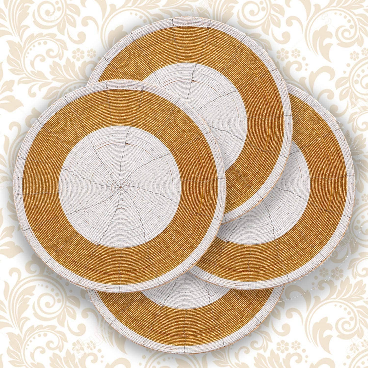 White Gold Handmade Beaded Placemats Round Dining Set of 4 for wholesale on Faire6