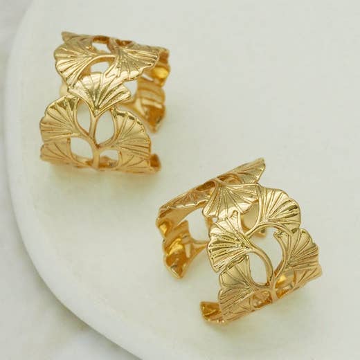 CZ Gold Ginkgo Leaf Adjustable Ring, Sku#Y757 for wholesale by BestBeads&Beyond