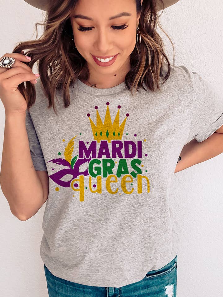 House Of Rodan - Vendita all'ingrosso Maglietta stampata - Donna - Maglietta con scritta «Mardi Gras Queen» con scritta «Mardi Gras Fun Party»