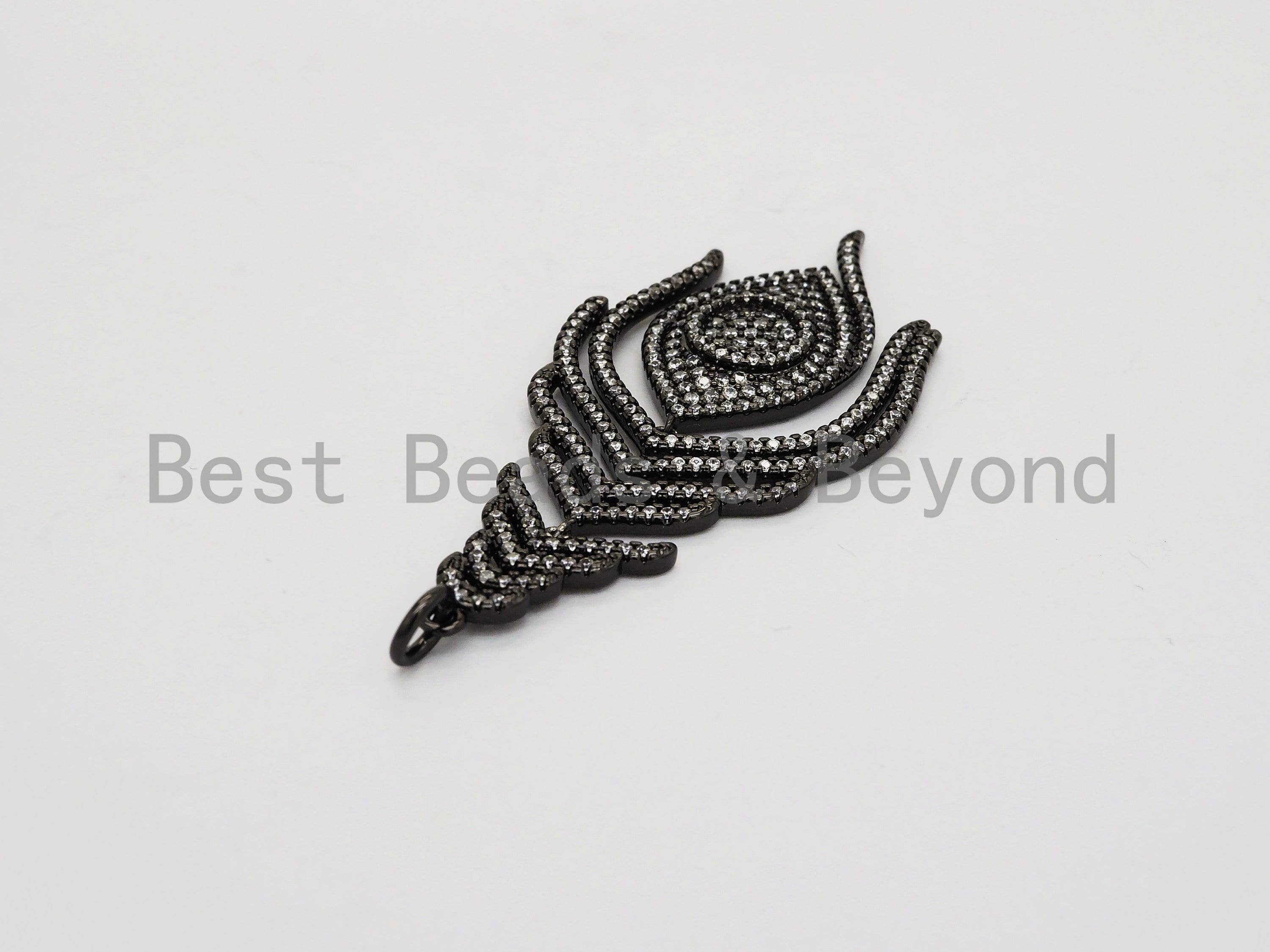 BestBeads&Beyond – wholesale Individual charm/pendant – Large CZ Micro Pave Black Feather Pendant with  Evil Eye Beads,Cubic Zirconia pave Charm, Focal Pendant, 27x59mm,sku#F5261