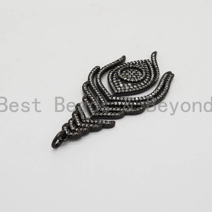 BestBeads&Beyond – wholesale Individual charm/pendant – Large CZ Micro Pave Black Feather Pendant with Evil Eye Beads,Cubic Zirconia pave Charm, Focal Pendant, 27x59mm,sku#F5261