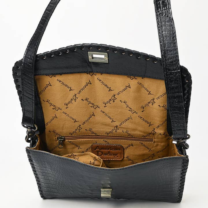 LS Western - Wholesale Crossbody bag – Women's - ADBG1526 Black Croc-Embossed Leather Crossbody Bag - Western Structured Flap Purse7