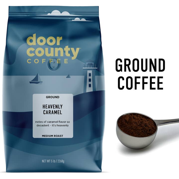 1,5 kg Himmlisches Karamell Aromatisierter gemahlener Kaffee, mittelgroße Röstung für den Großhandel von Door County Coffee