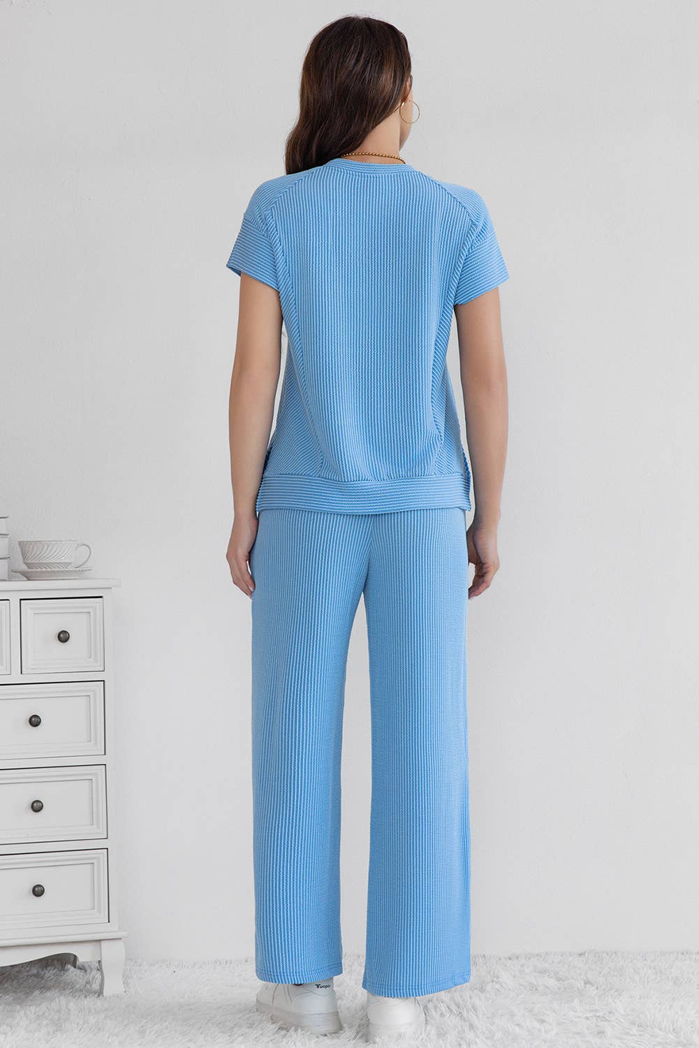 LA Society - Wholesale Lounge Set - Women's - Cable Knit Short Sleeve T Shirt and Wide Leg Pants Set4