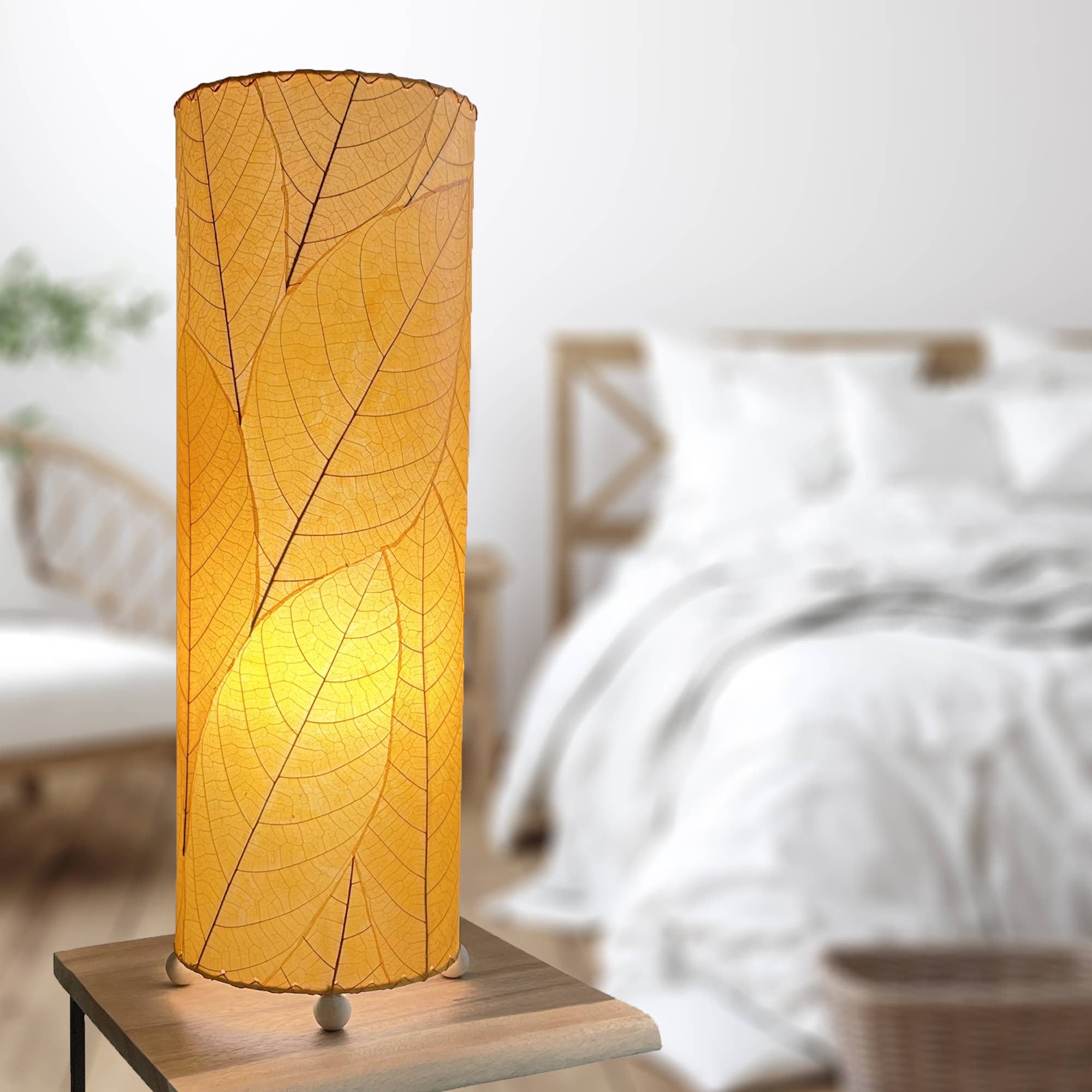 Eangee Home Design - Vente Lampes d'appoint/de bureau - Lampe de table cylindrique en feuille de cacao de 24 pouces, orange, feuilles d'ombrage2
