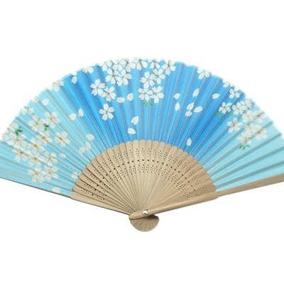 Abanico de seda, azul degradado con flores. Bambú marrón. #HF -252 para venta al por mayor de World Treasure Trading