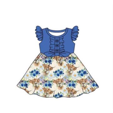 Aier Wholesale - Wholesale Dress - Kids - Baby girls western cow blue top dresses