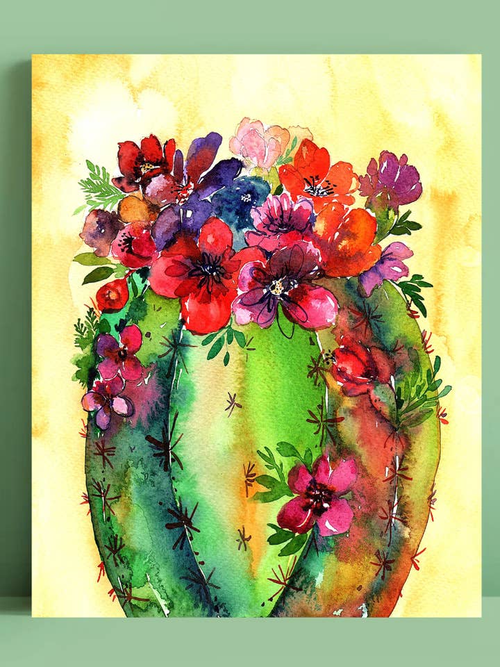 Färgglad tunnkaktus med blommor konsttryck för wholesale av Pink Puddle Studio