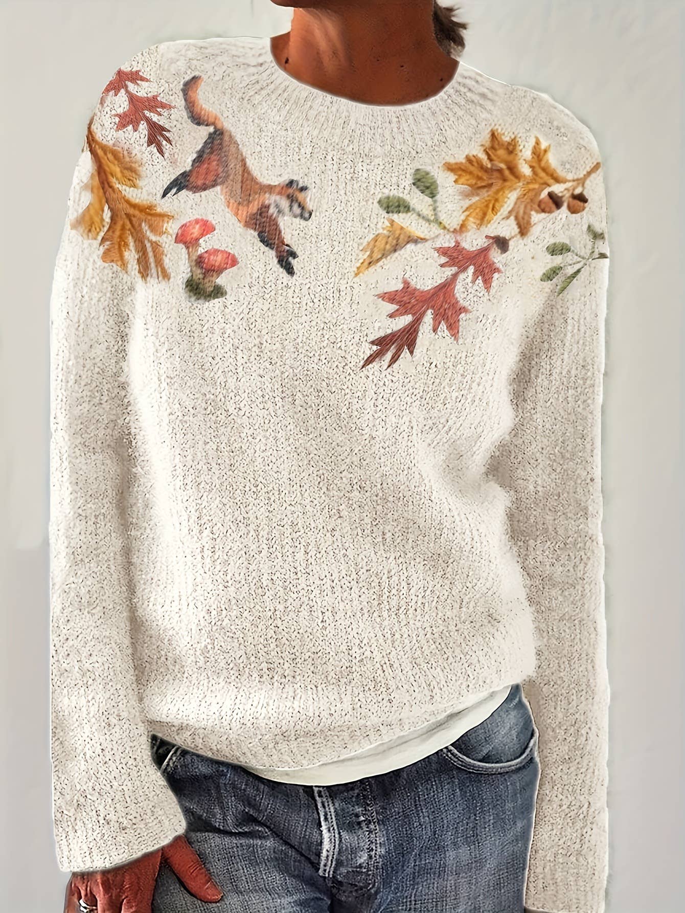 Apricot Round Neck Floral Fox Print Casual Knitted Sweater for wholesale on Faire3