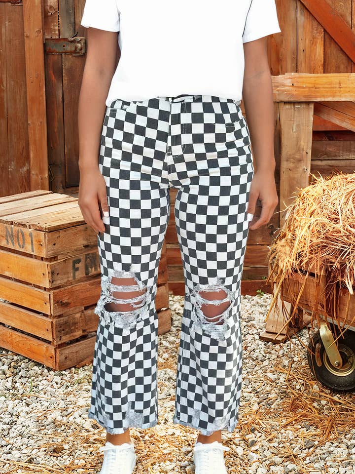 Western Checkerboard Distressed Holes Raw Edge Cropped Jeans for wholesale by fashionworks
