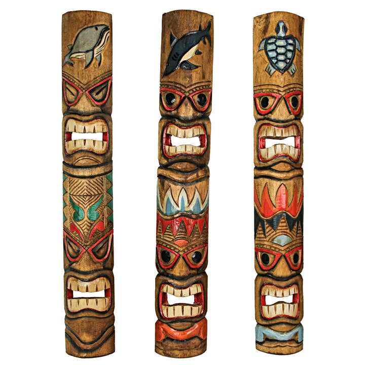 Zeckos - Venta al por mayor Escultura - Juego de 3 máscaras tiki dobles con tótem de animales marinos para decoración de pared