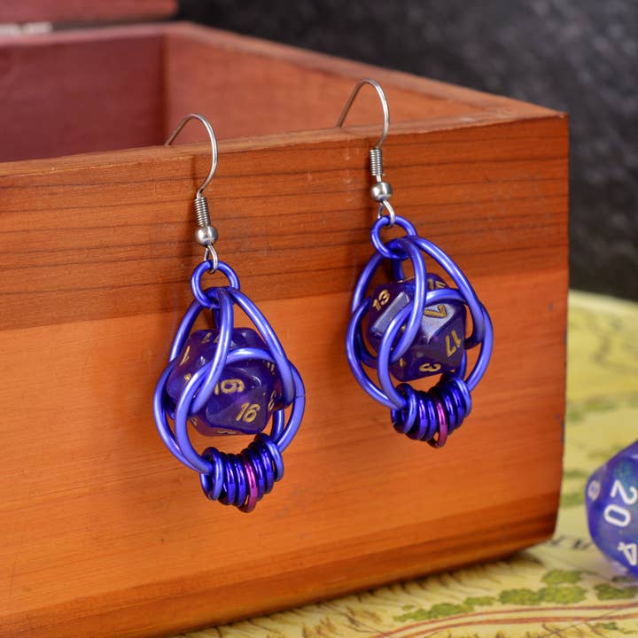 Rebeca Mojica Jewelry – wholesale Dangle earrings – d20 Purple Magic Earrings - Mini Dice in Chainmaille Cage8
