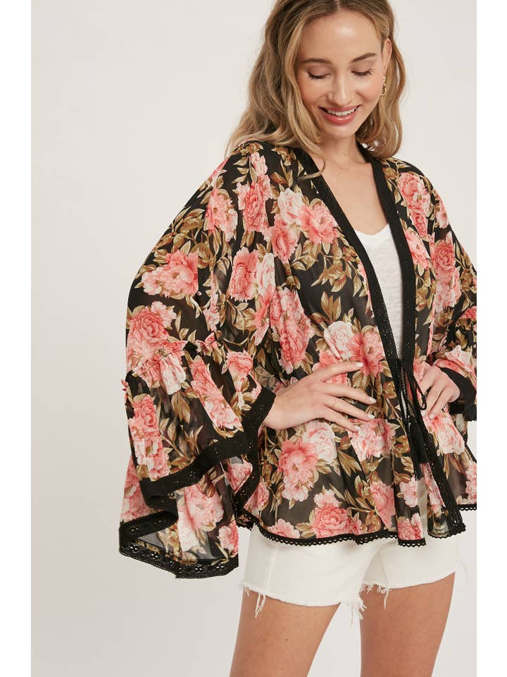 Bluivy - Wholesale Kimono - Women's - FLORAL RUFFLED BELL SLEEVES KIMONO