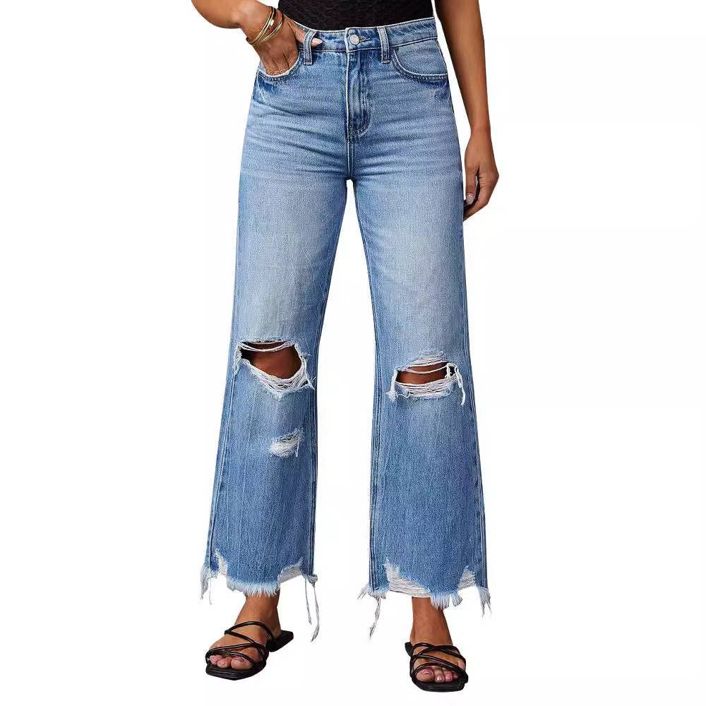 Blue High Waist Distressed Wide Leg Denim Pants with Tie-Dye Wash for wholesale on Faire7