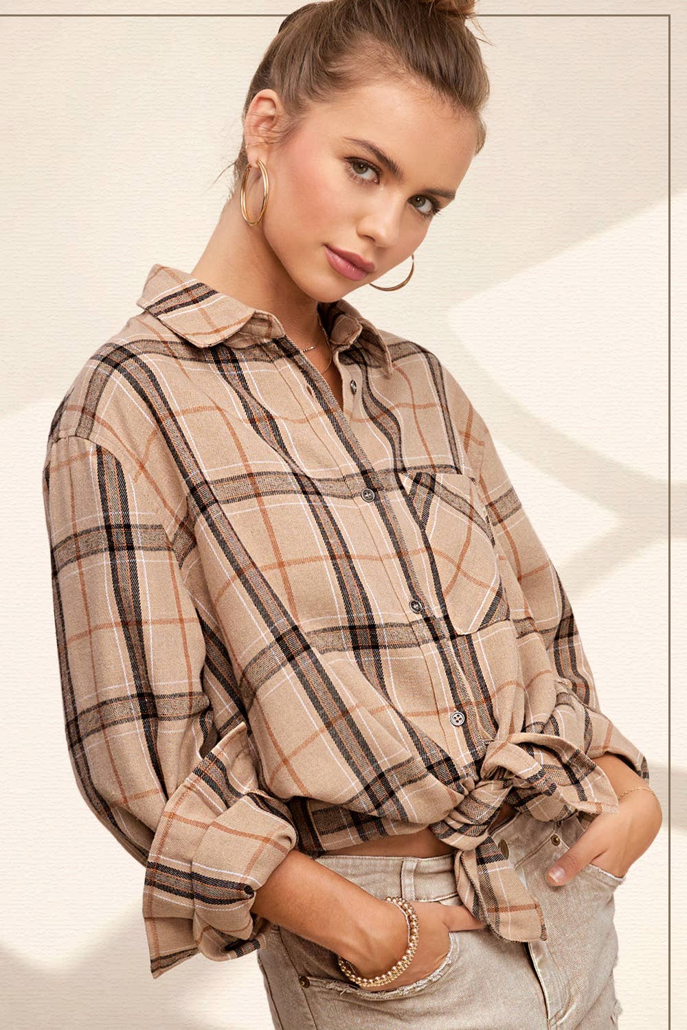 La Miel - Wholesale Button Down Shirt - Women's - SRT1312-Loose Fit Button Down Soft Fabric Plaid Shirts4