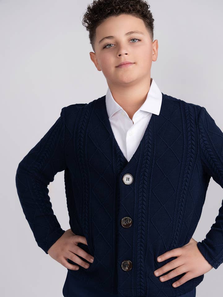 Marineblauer Grobstrick-Cardigan für den Großhandel von Mofi Boys Clothing
