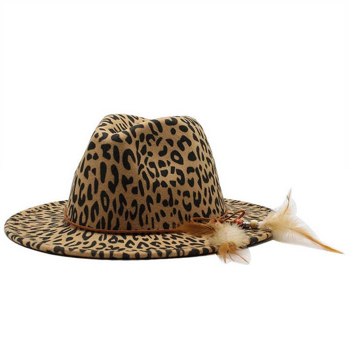 DOUBLJU - Wholesale Fedora - Unisex - LEOPARD PRINT FLAT BRIM WIDE BRIM FEATHER JAZZ HAT_CWAH27331