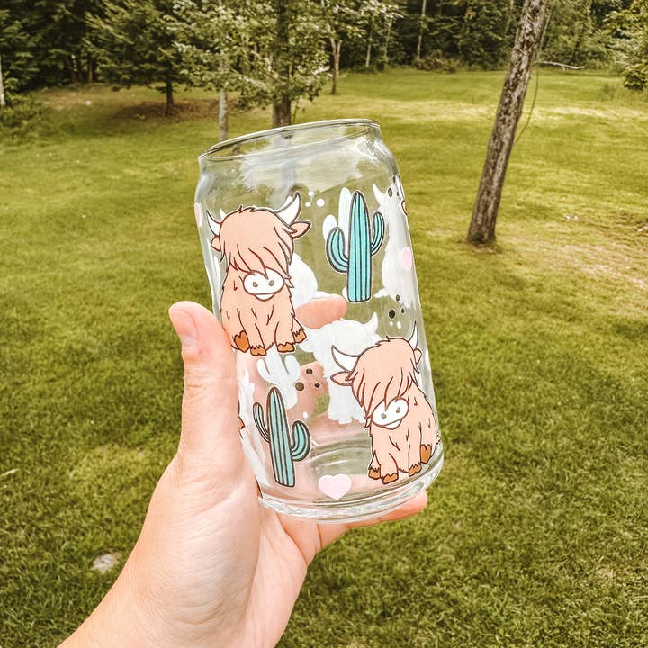 BidwellbyDesign - Wholesale Drinking Glass/Cup - Highland Cow Glass Can Cup