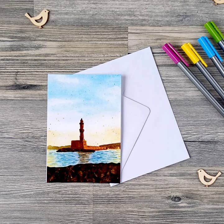 Handmade Greeting Card - Lighthouse of Chania, Crete, GR for wholesale by Christina Jenne Art and Design