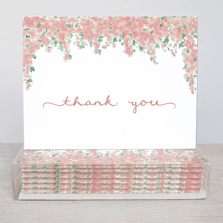 Pink Floral Thank You Card - Boxed Set Of 10 Cards for wholesale by White Clover Paper Co.