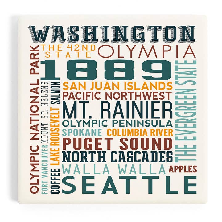 CERAMIC COASTER Washington, Typography for wholesale by Lantern Press