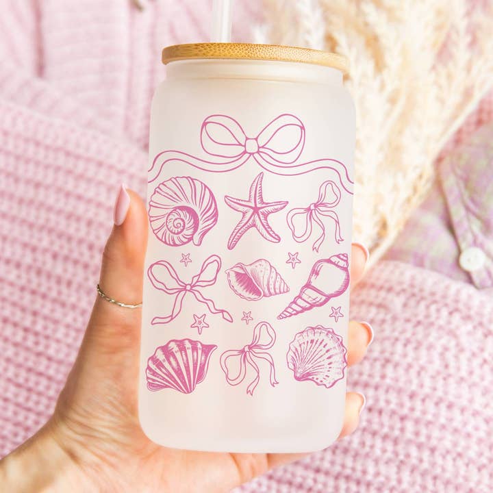 Coquette Seashell Glass Tumbler – Aesthetic Beach Cup for wholesale by Cataleya Designs Studio LLC