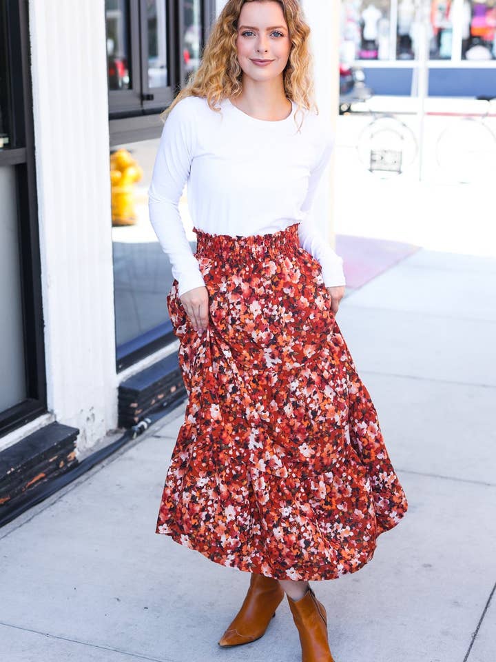 Casual Living Rust Floral Tiered Smocked Waist Midi Skirt (Open Pack) for wholesale by Promenade