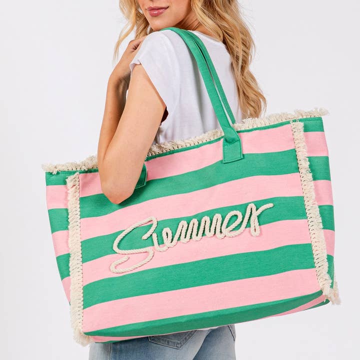 MiMi Wholesale - Wholesale Tote Bag - Women's - MB0267 Sewn Tope Summer Letter Fringe Striped Tote Bag